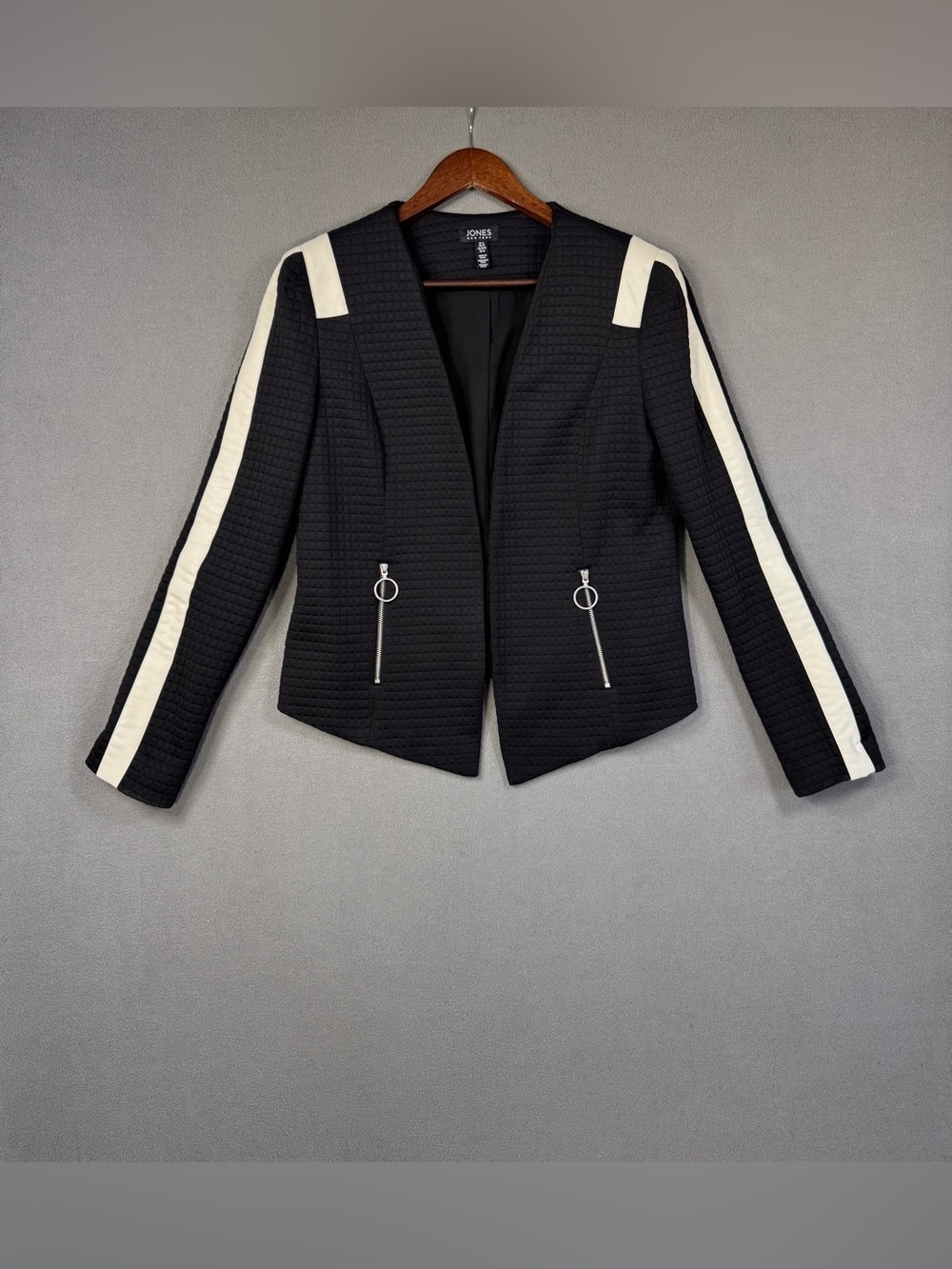 Jones New York Black Blazer Jacket w/ White Stripe Faux Leather Accents, M